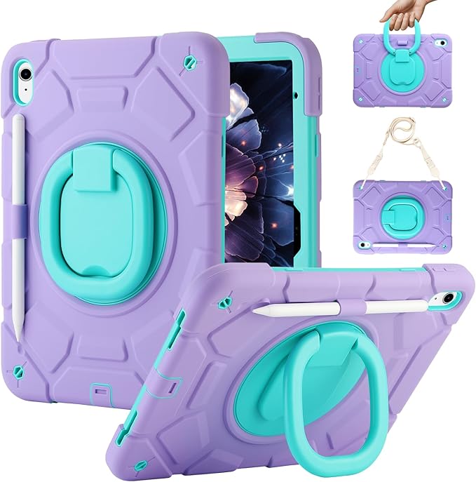 for iPad (A16) 11th Generation case 11''(2025)/10th Generation case 10.9''(2022)360°Rotatable Stand with [Pencil Holder&ampShoulder Strap] Heavy Duty Shockproof Case (Light Purple+Mint Green)