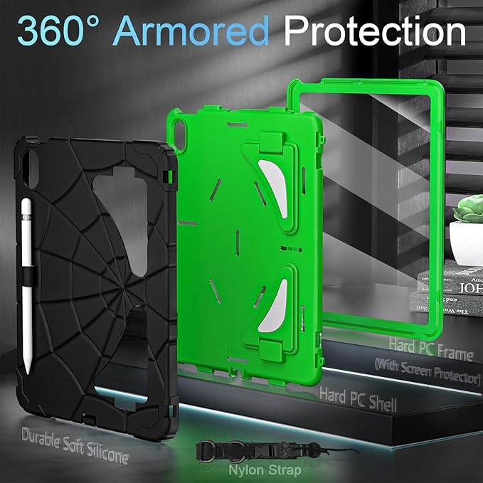 Case for iPad (A16) 11th/10th Generation 11.0''/10.9'' 2025/2022Kids Friendly iPad 10.9 Case with Screen ProtectorHeavy Duty Shockproof Cover for 10th Gen iPad CaseBlack Green