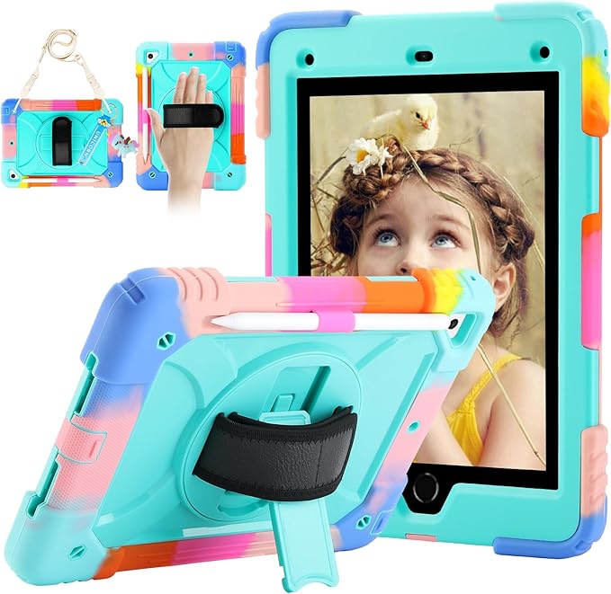 for iPad 6th Generation/iPad 5th Gen/iPad Air 2/iPad Pro 9.7 Case with Cute Key Chain Rugged Protective Case with Rotating Stand &amp Shoulder Hand Strap for iPad 6th/5th/ Air 2 (Rainbow Aqua)