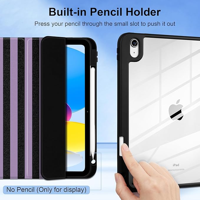 DONGKE Case for iPad (A16) 11th Generation 11 inch 2025 &amp iPad 10th Gen 10.9 inch 2022 [Built-in Pencil Holder] Clear Acrylic Back Trifold Stand Smart Cover Auto Sleep/Wake Purple Stripes