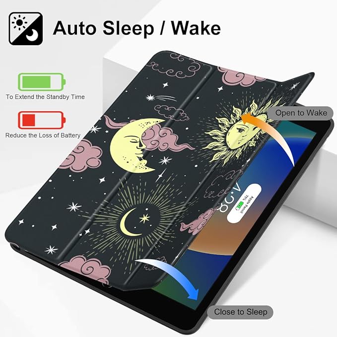 Mektron Designed Printed iPad 10.2 Case 9th Gen (2021)/ 8th Gen (2020)/ 7th Gen (2019) with Pencil Holder Slim Stand Protective Case with Soft TPU Back for iPad 10.2 Inch Sweet Night