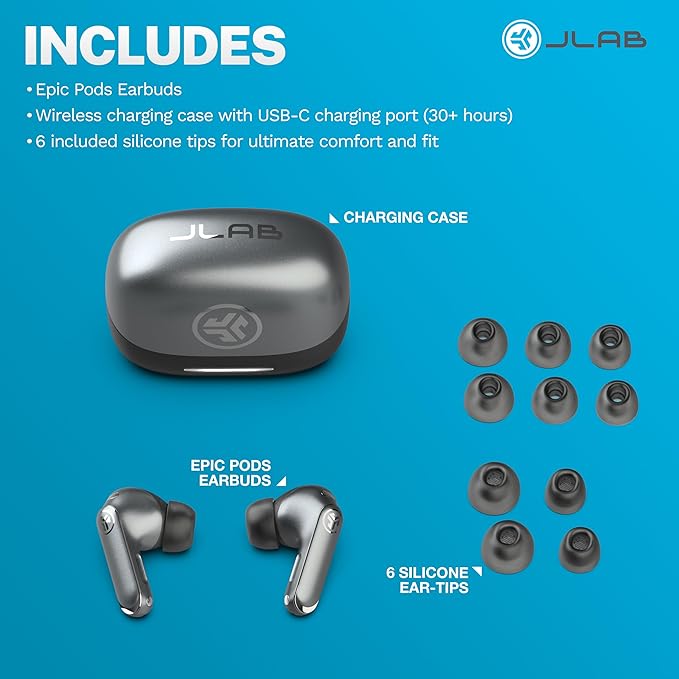 JLab Epic Pods ANC True Wireless Bluetooth Earbuds Hybrid Dual Driver System Knowles Balanced Armature Adaptive Noise Canceling 56+ Hours Playtime Custom Sound via App Wireless Charging Black