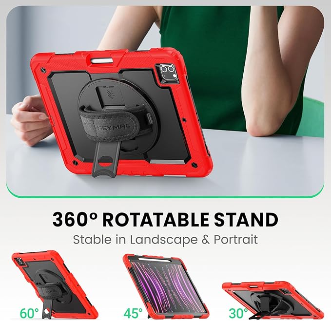SEYMAC Case for iPad Pro 12.9 2022/2021/ 2020/2018 Heavy Duty Protection Shockproof Case with Screen Protector 360° Rotating Stand/Handle/Shoulder Strap Supports Pencil 2 Charging Red