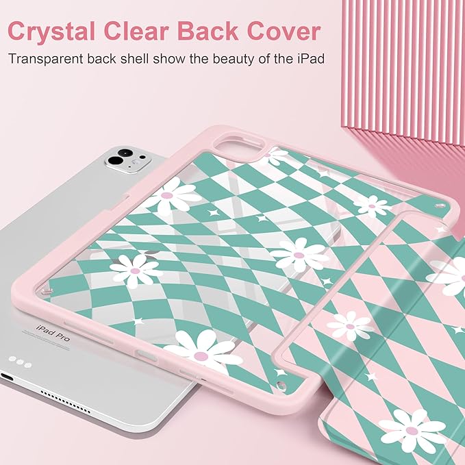 DONGKE for iPad Pro 11-Inch Case (M5 2025 / M4 2024) 6th/5th Generation [Auto Sleep/Wake &amp Pencil Pro Holder] Clear Acrylic Back Smart Trifold Stand Cover Checkered &amp Daisy