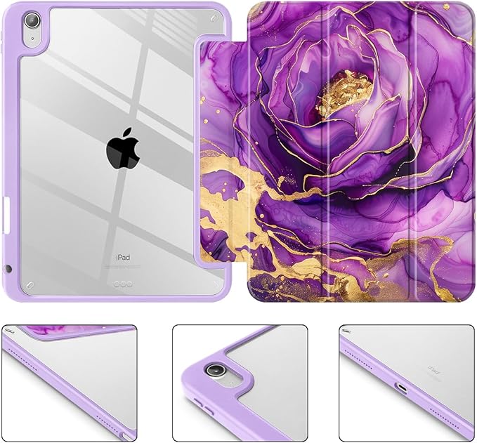 May Chen for iPad (A16) 11th Generation Case 11 Inch 2025 iPad 10th Gen Case 2022 10.9 inch Built-in Pencil Holder with Shockproof Cover Clear Transparent Back Shell Auto Wake/Sleep Purple Roses