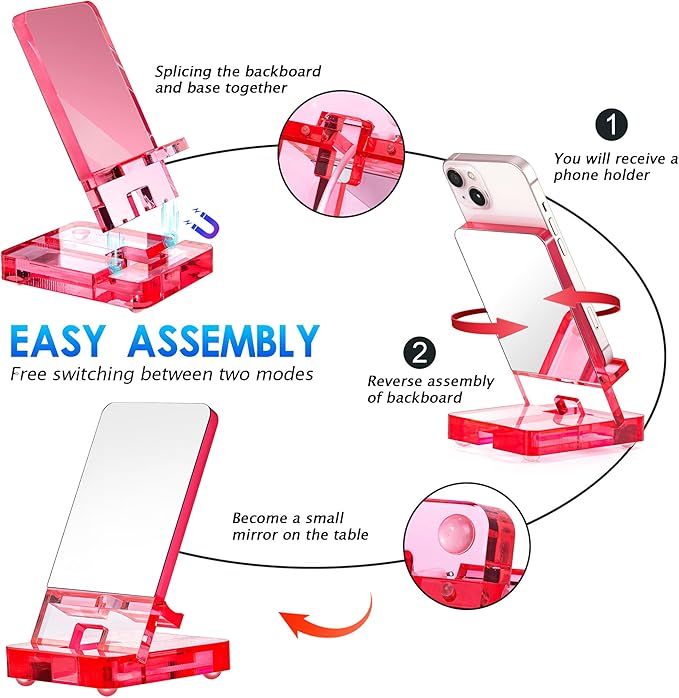 Removable Acrylic Desktop Cell Phone Holder with Flat Mirror (Pink)