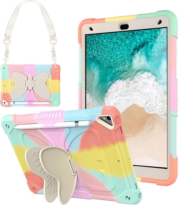 iPad 9.7-inch 5th/6th Generation 2017/2018 Cute Case for Kids iPad Air 2 Butterlfy Case for Girls iPad Pro 9.7 Women Kawaii Girly Silicone Cover with Stand Shoulder Strap Pencil Holder Pink