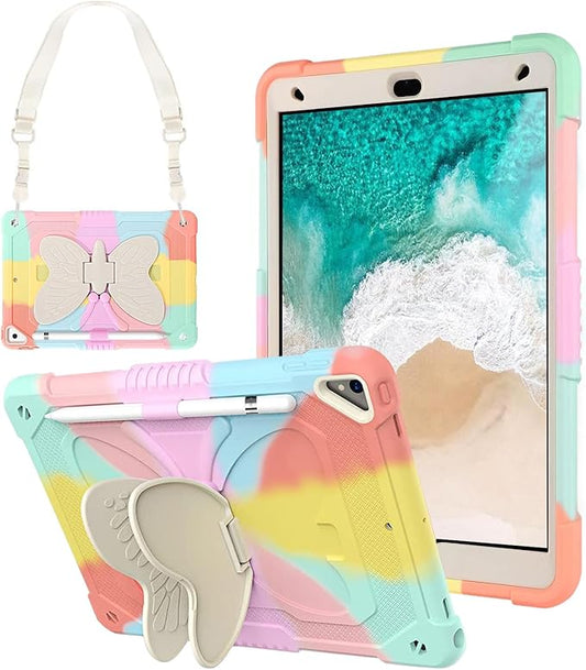 iPad 9.7-inch 5th/6th Generation 2017/2018 Cute Case for Kids iPad Air 2 Butterlfy Case for Girls iPad Pro 9.7 Women Kawaii Girly Silicone Cover with Stand Shoulder Strap Pencil Holder Pink