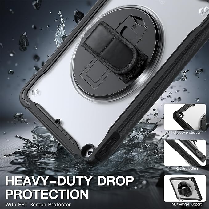 BRAECNstock for iPad 9th/ 8th/ 7th Generation Case 10.2 2021/2020/2019Shockproof Cover with 360° Rotating Hand Strap/StandScreen ProtectorCarrying Shoulder StrapPencil Holder(Black)