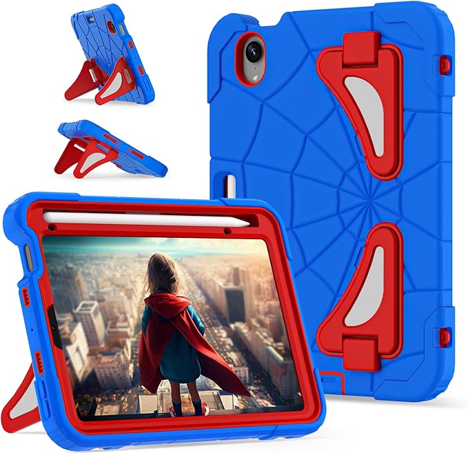 Kids Case for iPad mini 7 A17 Pro 2024/ Mini 6 8.3 inch Spider Case for iPad mini 7th 6th Generation Shockproof Durable Full Protective Cover with Pencil Holder Kickstand (Blue+Red)