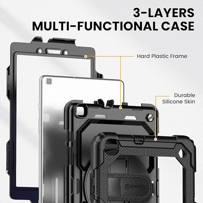Timecity Case for Samsung Galaxy Tab A 8.0 2019 SM-T290/ T295/ T297 Full-Body Protective Case with Screen Protector Swivel Stand/Handle Shoulder Strap Case for Kids Students Black