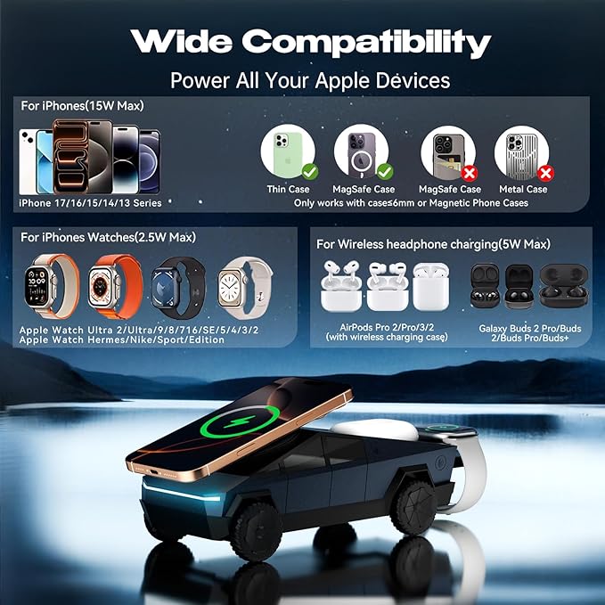CyberDock 3-In-1 Wireless Charging Station Cybertruck 1:25 Scale Charger with Qi2 Certified 15W Charging for iPhone iWatch AirPod Magnetic Rotating Charger with Ambient Light 30W Adapter Deep Blue