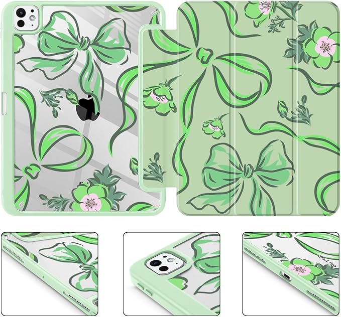 Mektron Case for M5/ M4 iPad Pro 11 inch 2025/2024 with Pencil Holder Compatible Models: A3357/A3358/A3359/A2836/A2837/A3006 Shockproof Cover Clear Shell Flowers-Bows-Green