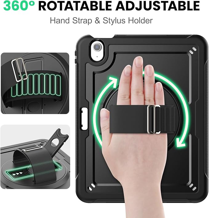 SEYMAC for iPad Air 11 Inch Case M4 / M3 / M2 (2026/2025 / 2024) Full-Body Shockproof Protective Case with Screen Protector Rotating Stand Hand/Shoulder Strap Black