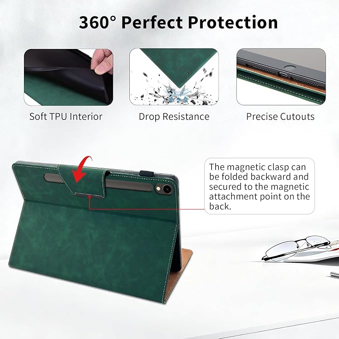 Case for Samsung Galaxy Tab S10 Lite/S10 FE/S9 FE 10.9 Inch/S9 11 Inch - Multi-Angle Stand Cover with Pocket PU Leather Folio Case with Magnetic Clasp Auto Wake/Sleep Smart Tablet Cover Green
