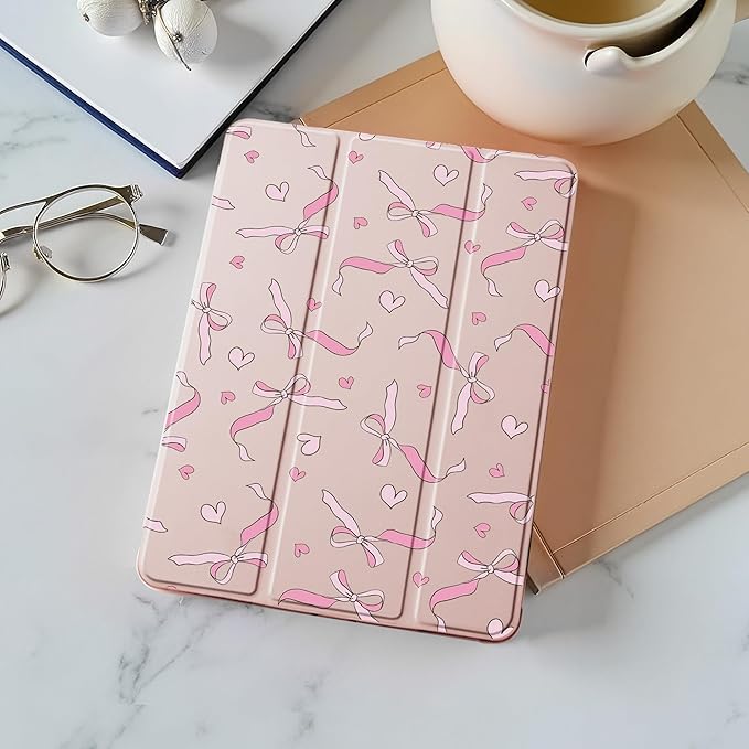 Idocolors Case for iPad 11 inch (A16 Chip) 2025 Generation 11th / iPad 10.9 inch 2022 10th Gen Built-in Pencil Holder with Soft TPU Shockproof Back Shell Auto Wake/Sleep Pink Bow-Pink