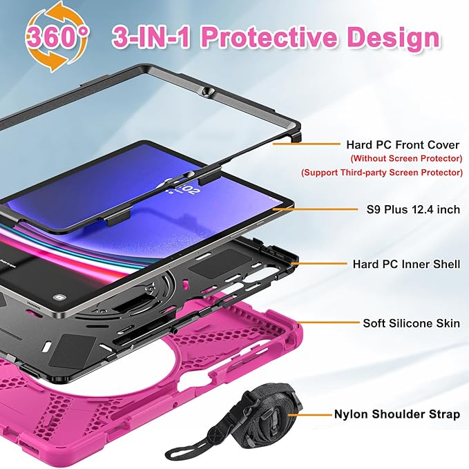 BRAECNstock for Samsung Galaxy Tab S10+ Plus/ S9 FE+ Plus/ S9+ Plus/ S8+ Plus/ S7 FE/ S7+ Plus 5G Tablet Case 12.4 Shockproof Protective Cover with Pen Holder Rotating Hand Strap &amp Stand - Rose R