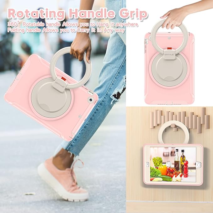 BATYUE Shockproof Case for iPad mini 1/2/3 (2012/2013/2014) - 360° Multi-Angle Stand (Portrait &amp Landscape) &amp Grip Multi-Scene for All Ages Pink