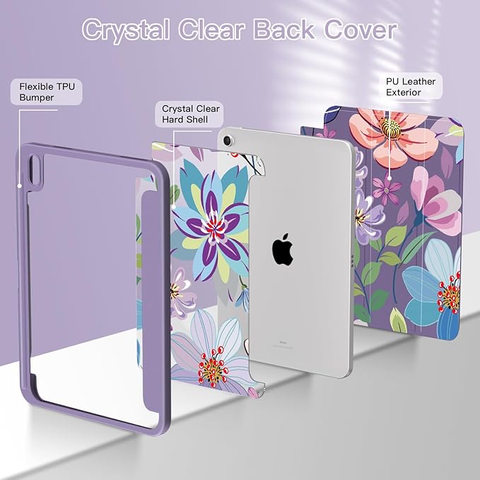 Teryeefi for iPad 11 inch (A16) 2025 11th Gen/iPad 10.9 inch 2022 10th Gen Built in Pencil Holder with Crystal Clear Hard Shell Back Cover with Auto Wake/Sleep &amp Stand Function Stylish Flower