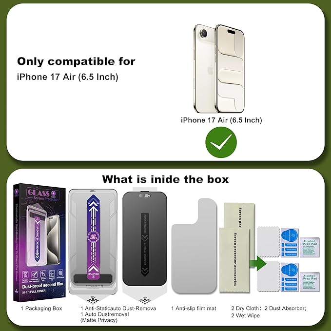 2 Pack Matte Privacy Screen Protector for iPhone Air 6.5 - Anti-Glare Anti-Spy Tempered Glass 9H Scratch Resistant Smooth Responsive Touch &amp Easy Installation