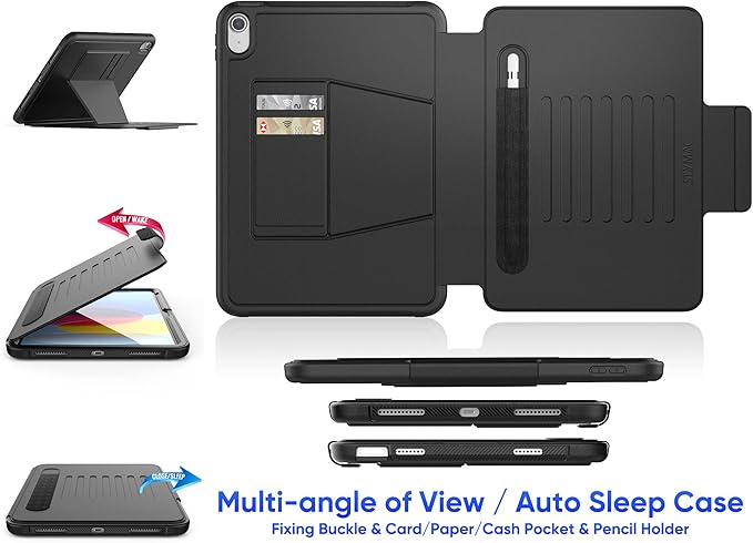 SEYMAC stock Case for iPad (A16) 11th/10th Generation 11''/10.9'' Strong Magnetic Auto Sleep Shockproof Case with Absorbing Multi-Angles Stand Pen Holder Card Slot (Black)