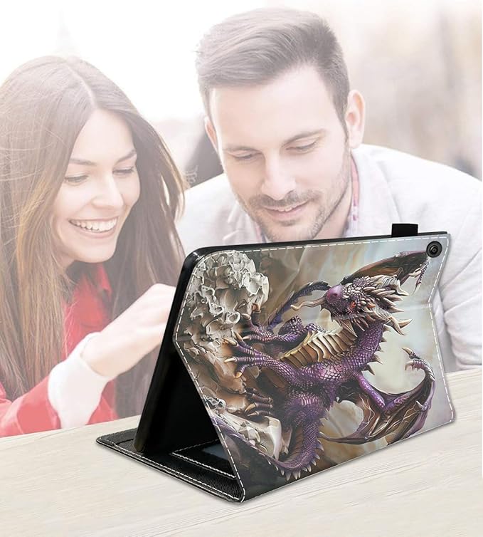 Case for Amazon Kindle Fire 7 Tablet (7 9th/7th Generation 2019/2017 Release) Slim PU Leather Cover with Card Slot &amp Auto Wake/Sleep Purple Dragon