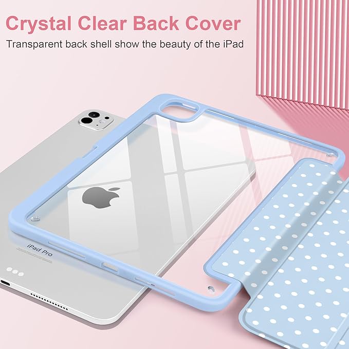 Case for iPad Pro 11 Inch (M5 2025 M4 2024) – [Built-in Pencil Holder] Shockproof &amp Stylish Clear Hard Back + Soft TPU Edge Magnetic Trifold Stand Auto Wake/Sleep Blue White dot