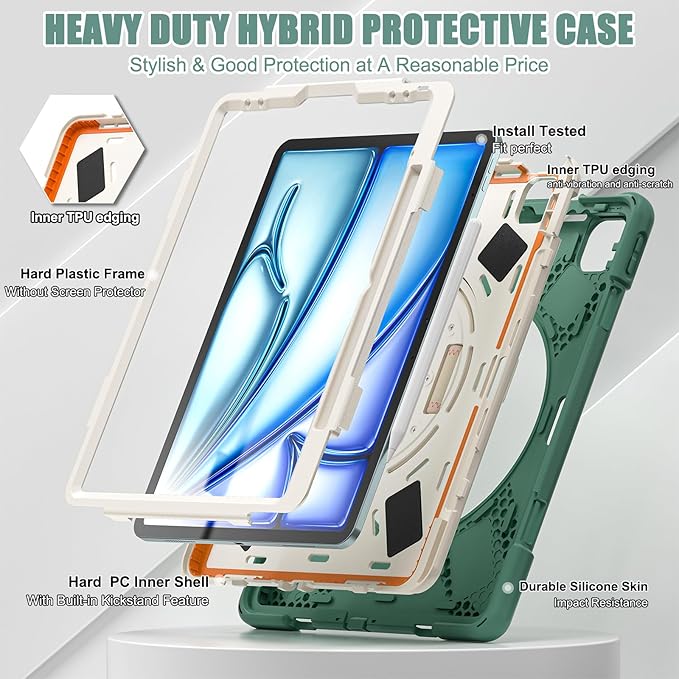 for iPad Air 13-inch M2 (2024) A2898/A2899 for iPad Pro 12.9 Rugged Case Portable Heavy Duty Shock-Proof Armor Cover with Swivel Kickstand/Hand Grip Shoulder Strap Pencil Holder(Sage Green)