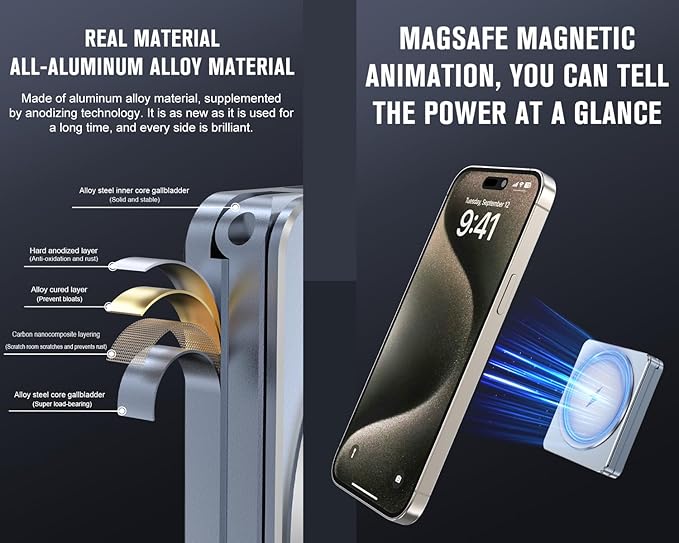 3 in 1 Wireless Charger StationAluminum Alloy Foldable Travel for iPhone Wireless Charger Fast 15W ChargingMag Safe Charger Stand for iPhone/Apple Watch/Airpods SeriesSmallUltra-Thin