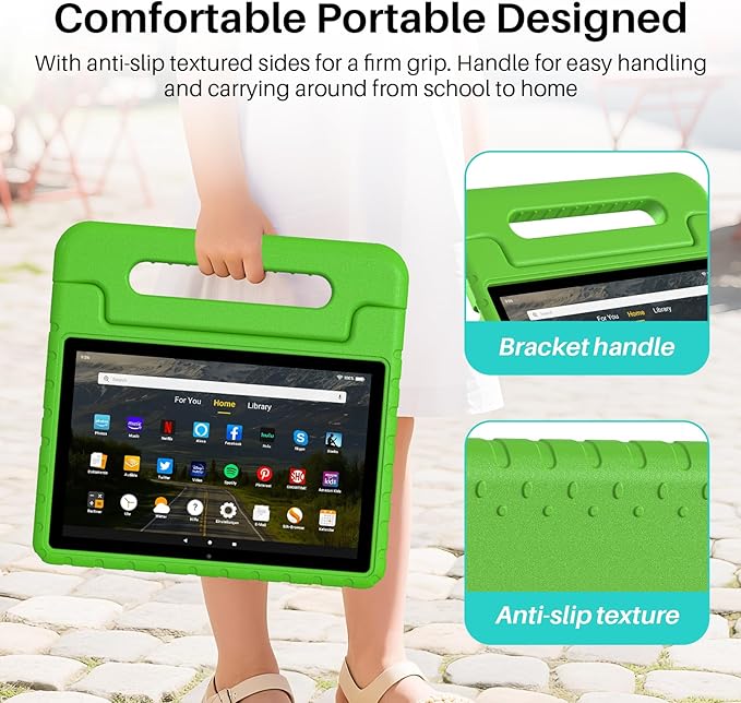 Kids Case for Kindle Fire HD 10 or 10 Plus 13th/11th Generation (2023/2021 Release) Shockproof Lightweight Protective Cover with Portable Handle Stand for Boys Girls Green