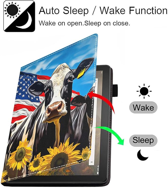 Case for All-New Amazon Fire HD 10 &amp 10 Plus Tablet 10.1 (13th/11th Generation 2023/2021 Release) Slim PU Leather Stand Cover with Card Slot &amp Auto Wake/Sleep American Flag Cow and Sunflow