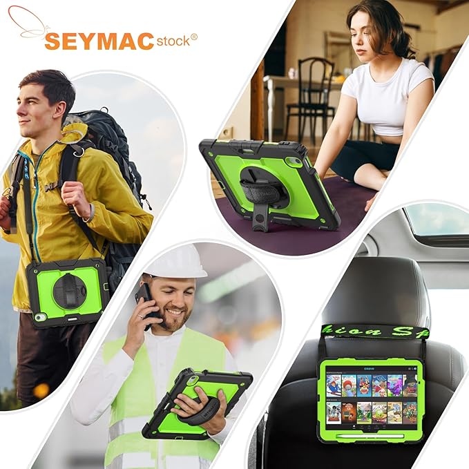 SEYMAC stock Case for iPad Air 11-inch M4-M2 2026-2024 (Gen 8-6) Shockproof Heavy Duty Case with Screen Protector Pencil Holder Rotating Stand Hand Strap Shoulder Strap Green