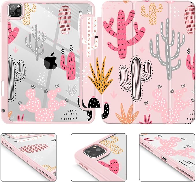 Tuiklol Case for iPad Pro 12.9 Inch M2 Case 2022 2021 2020 2018 Generation 6th/5th/4th/3rdBuilt-in Pencil 2nd Holder Clear Transparent Protective Back Shell CoverCactus