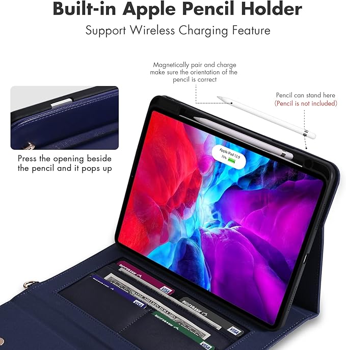 Dteck Business Flip Stand Cover for iPad Pro 11 Inch 4th/3rd Gen iPad Air 4th Gen PU Leather Pencil Holder Zipper Pocket Strap Protective Wallet Case Blue