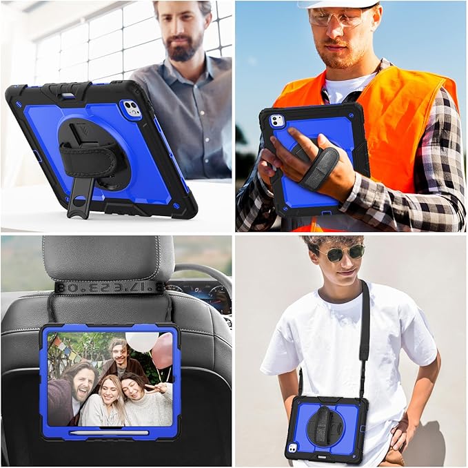 BLOSOMEET Protective Case for iPad Pro 13 Inch M4 with Tempered Glass Screen Protector &amp Pencil HolderBlue Fashionable Cover for 2024 iPad Pro 13 with Stand Hand Strap Shoulder Strap