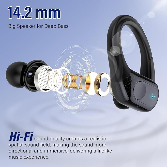Wireless Earbuds Bluetooth 5.4 Headphones 75H Stereo Deep Bass Sports Over Ear Buds with Earhooks LED Display Bluetooth Earbuds with 4 ENC Mic IP7 Waterproof Earphone for Running Black
