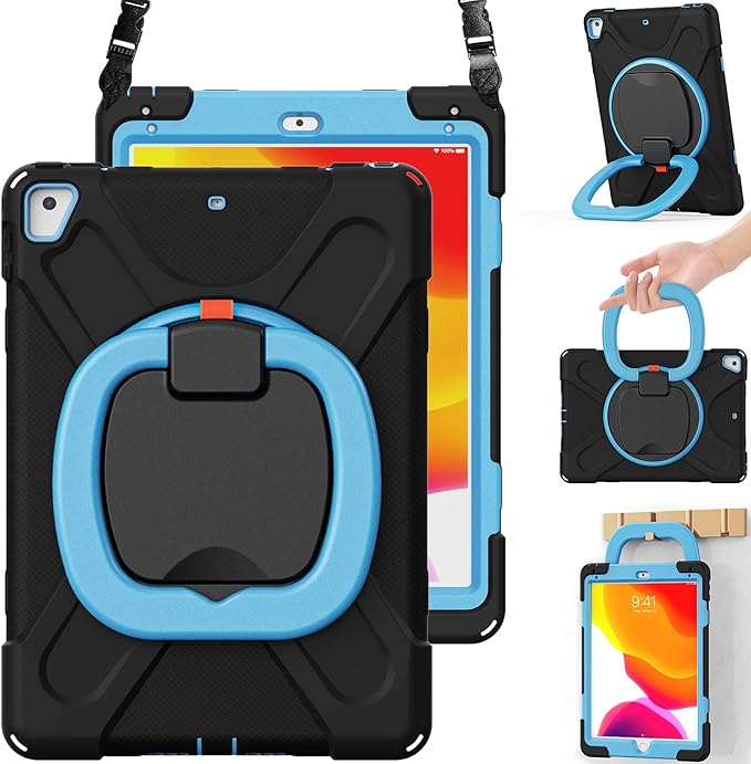 BRAECN Case for 9.7 iPad 6th/5th Generation iPad Air 2 &amp iPad Pro 9.7-Inch Heavy Duty Rugged Silicone Cover with 360 Rotating Handle Grip Pencil Holder Kickstand Shoulder Strap - Black+Blue