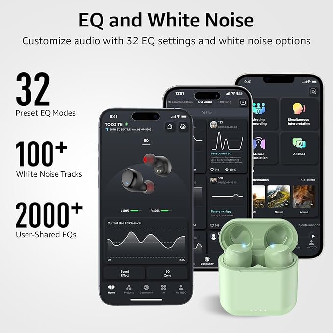 TOZO T6 Wireless Earbuds Bluetooth 5.3 Ear Buds Stereo Sound in Ear Headphones 50 Hours Playtime Wireless Charging Case APP Customizable EQs IPX8 Waterproof Earphones