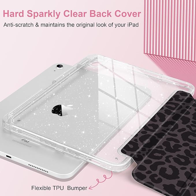 DONGKE for iPad Pro 11 inch Case – Fits M5 2025 / M4 2024 Shockproof Sparkling Glitter Acrylic Back Pencil Holder Trifold Stand Auto Sleep/Wake &amp Touch ID Support - Black Leopard