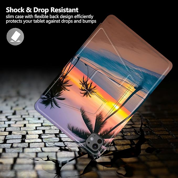 Case for iPad Pro 11 Inch Case M4(2024 5th Generation) Sunset Beach Palm Trees Theme 360 Degree Rotating Stand Protective Cover with Auto Sleep/Wake