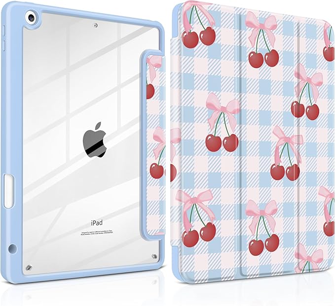 DONGKE for iPad 9th/8th/7th Generation Case 10.2 Inch (2021/2020/2019) [Auto Sleep/Wake &amp Pencil Holder] Clear Acrylic Back Trifold Stand Cover Blue Cherry