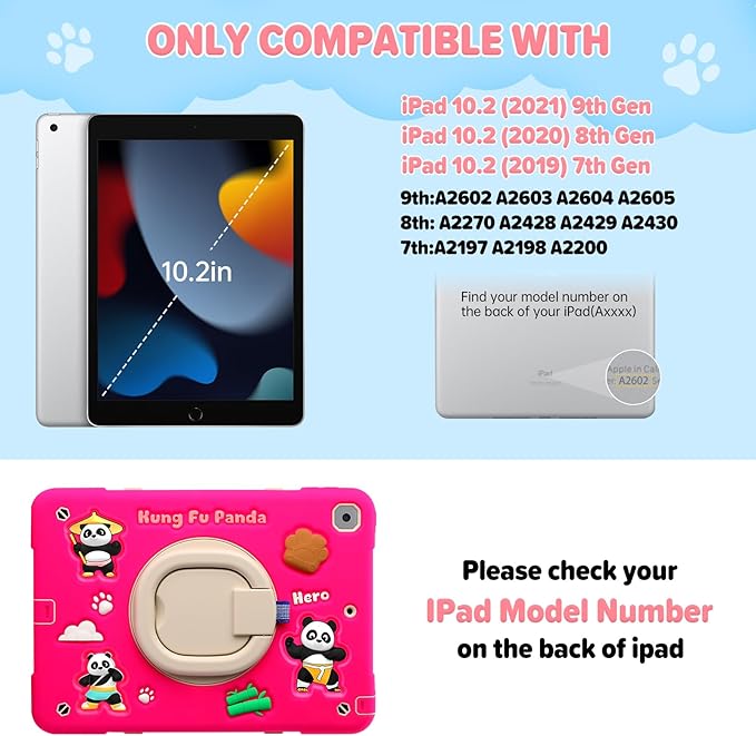 Case for iPad 9th/8th/7th GenerationCute 3D Cool Panda Warrior Design Cover with Screen Protector Rugged Protective Cartoon Case with Stand/Strap/Pen Slot for iPad 10.2 Kids Teens (Rose+White)