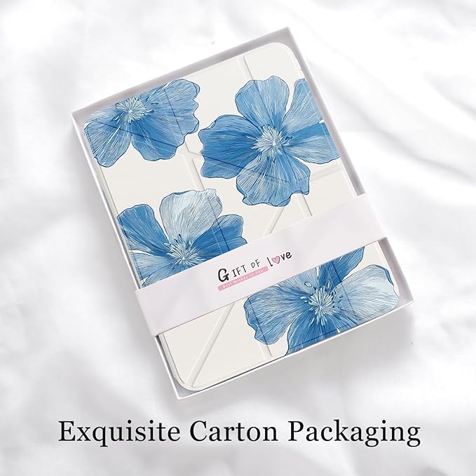 Cute Blue Flower for iPad (A16) 11th/10th Generation Case 11 Inch/10.9 Inch 2025/2022 with Pencil Holder Auto Sleep/Wake White Leather Acrylic Back Detachable Cover