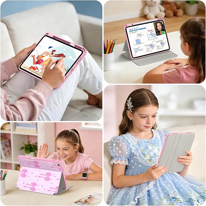 Supveco Case for iPad (A16) 11th Generation 11 inch (2025)iPad 10th Generation 10.9 inch (2022) with Pencil HolderPremium Folio Stand Case with Soft TPU Back CoverAuto Wake/Sleep-Pink Bows