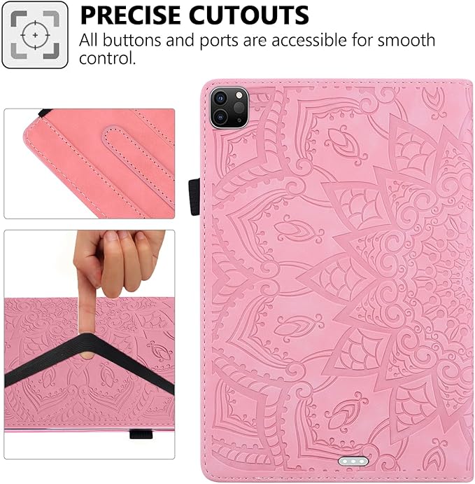 Folio Case for iPad Pro 13-inch M4 M5 (2024-2025) Techcircle Anti-Slip Stand Mandala Embossed PU Leather Soft TPU Back Protective Cover with Elastic Strap Card Slots &amp Pencil Holder Pink