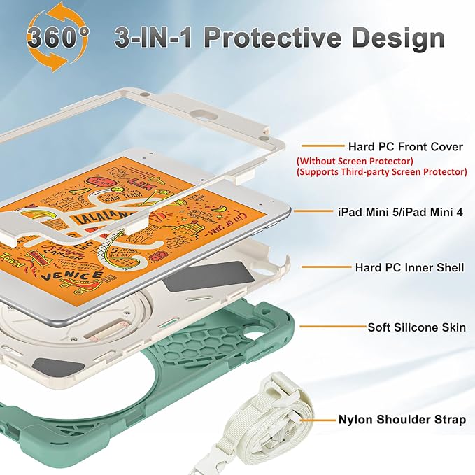 BRAECNstock for Apple iPad mini 5th/ 4th Generation Case 7.9 2019/2015 Shockproof Protective with Pen Holder Rotating Hand Strap &amp Stand Shoulder Strap Case for iPad mini 5/4 Emerald Green