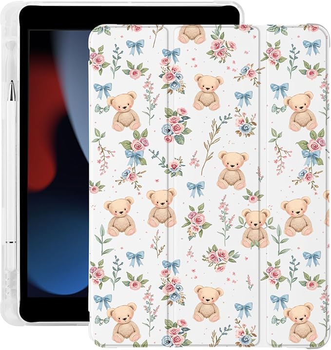 Cute Kawaii Bear Flower Bow for iPad mini 7 A17 Pro 2024/iPad Mini 6 Case with Pencil Holder Auto Sleep/Wake White Leather Soft TPU Back Cover