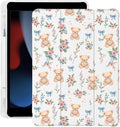 Cute Kawaii Bear Flower Bow for iPad mini 7 A17 Pro 2024/iPad Mini 6 Case with Pencil Holder Auto Sleep/Wake White Leather Soft TPU Back Cover