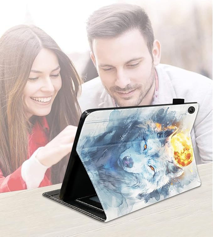 Case for Amazon Kindle Fire 7 Tablet (7 9th/7th Generation 2019/2017 Release) Slim PU Leather Cover with Card Slot &amp Auto Wake/Sleep Watercolor Art Wolf