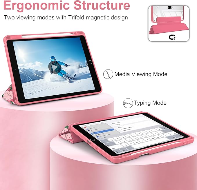 MEEgoodo Case for iPad 10.2 inchTablet Cases for iPad 9th Generation 2021/8th Gen 2020/7th Gen 2019 with Clear Acrylic Back Shell+Pencil Holder+Auto Wake/Sleep+Trifold StandMinimalist Strawberry